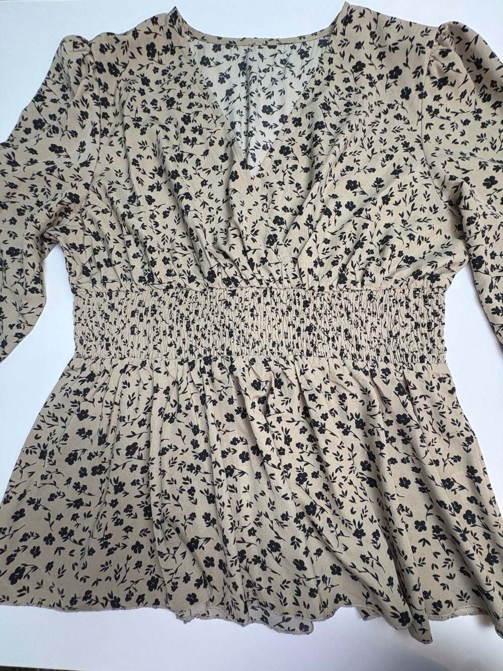 Womens Beige Black Floral Smocked Waist Peplum Blouse Puff Sleeve